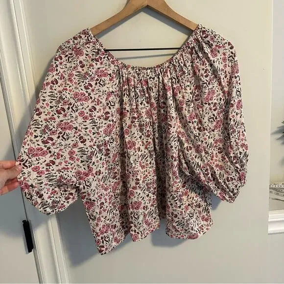 NWT Natalie Martin White Pink Floral Short Sleeve Blouse Top XS Oversized